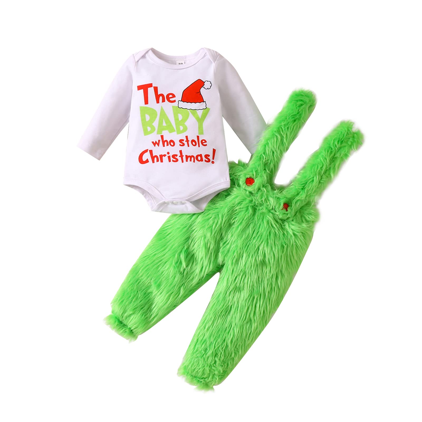 GOOCHEERInfant Baby Girl Boy Christmas Outfits Letter Romper Jumpsuit Dress Green Furry Suspender Skirt Pants Overalls