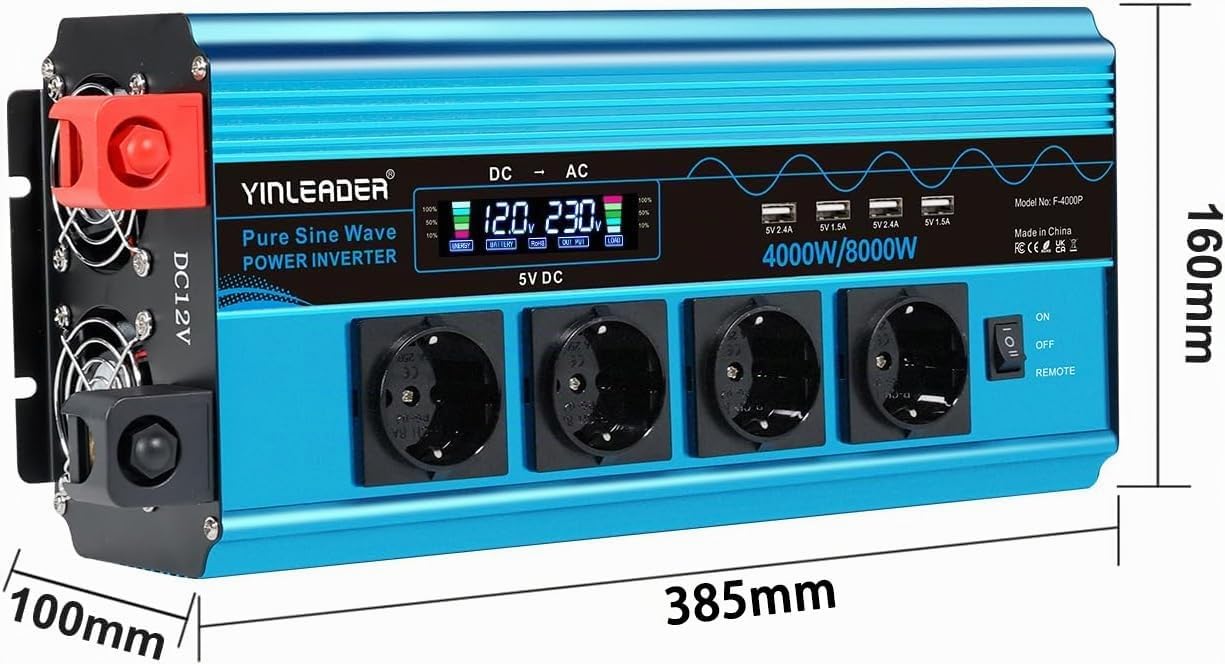 Yinleader Convertisseur 12V 220V Pur Sinus 4000W/8000W Convertisseur de Tension LCD | 4 USB (avec télécommande)