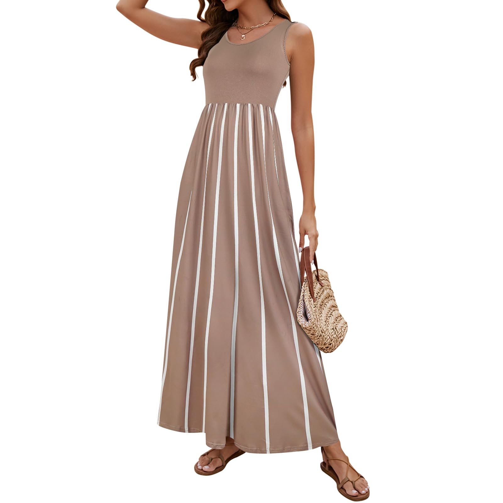 Sherosa Women Boho Chevron Striped Floral Printed Summer Sleeveless Tank Long Maxi Party Dress