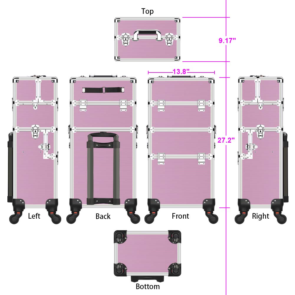 Makeup Case - 2 In 1 Aluminum Professional Rolling Cosmetics Storage Organizer With Locks and Folding Trays Pink : Everything Else