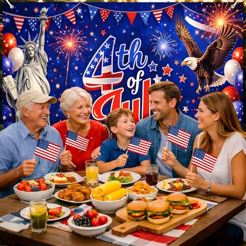 Image of BlissYard 4th of July Backdrop Independence Day Patriotic Decorations Statue of Liberty Bald Eagle Fireworks Party Banner 8x6ft Fourth of July Party Decor USA Patriotic Holiday Decoration