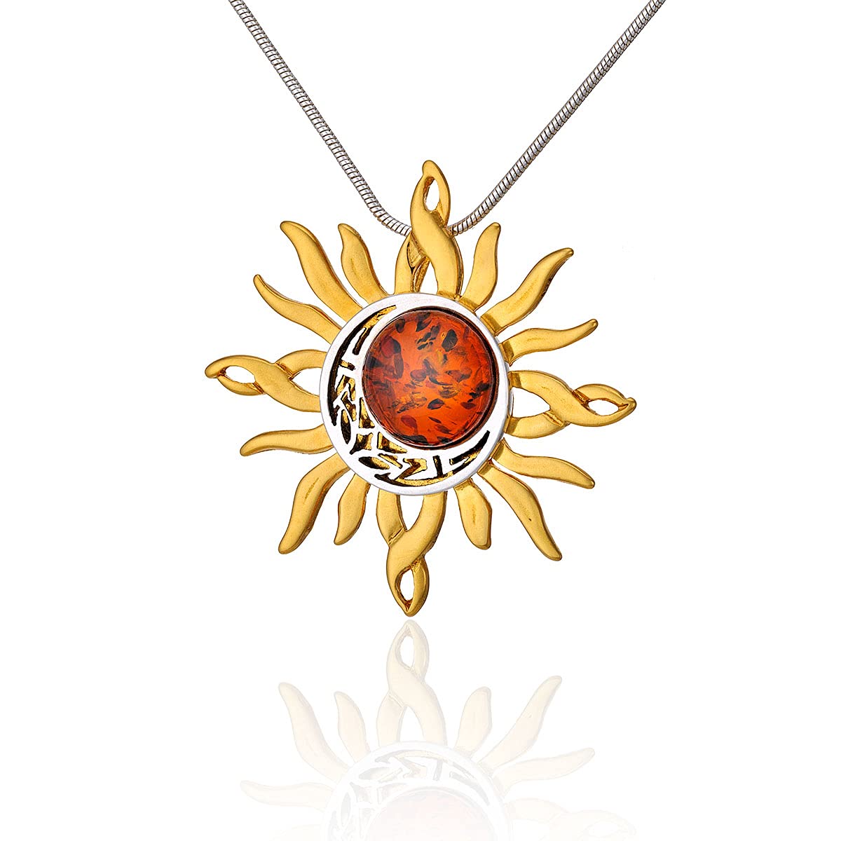 Collana da donna in argento sterling placcato oro 14 k, ambra baltica rotonda, sole celtico e luna ciondolo a catena a serpente, Argento sterling, Ambra