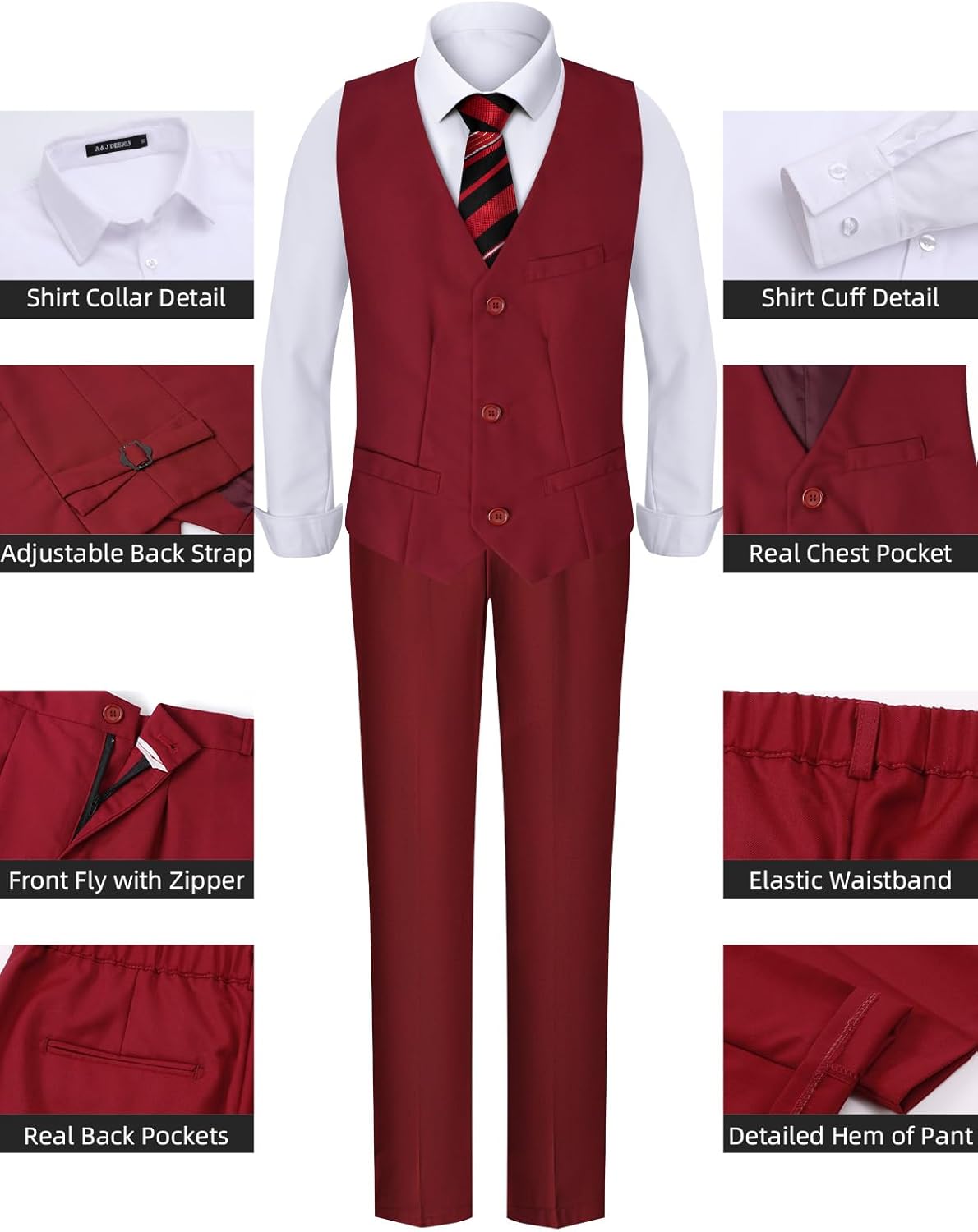 A&J DESIGN Boys Formal Slim Fit Suit Kid Tuxedo Dress Outfit, Jacket & Pants & Vest & Dress Shirt & Zipper Tie & Bowtie - Image 6
