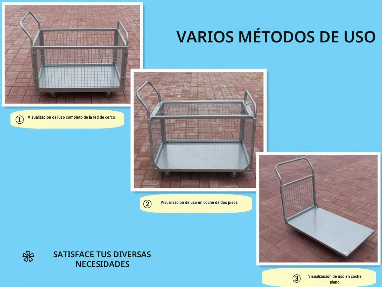 Carretilla de Carga Plegable 4 en 1 con Freno de Bloqueo，BAI You Mei Carro de Plataforma/Rejilla Multiusos con Laterales Desmontables para Almacén Industrial Carga y Equipaje, 100x60cm