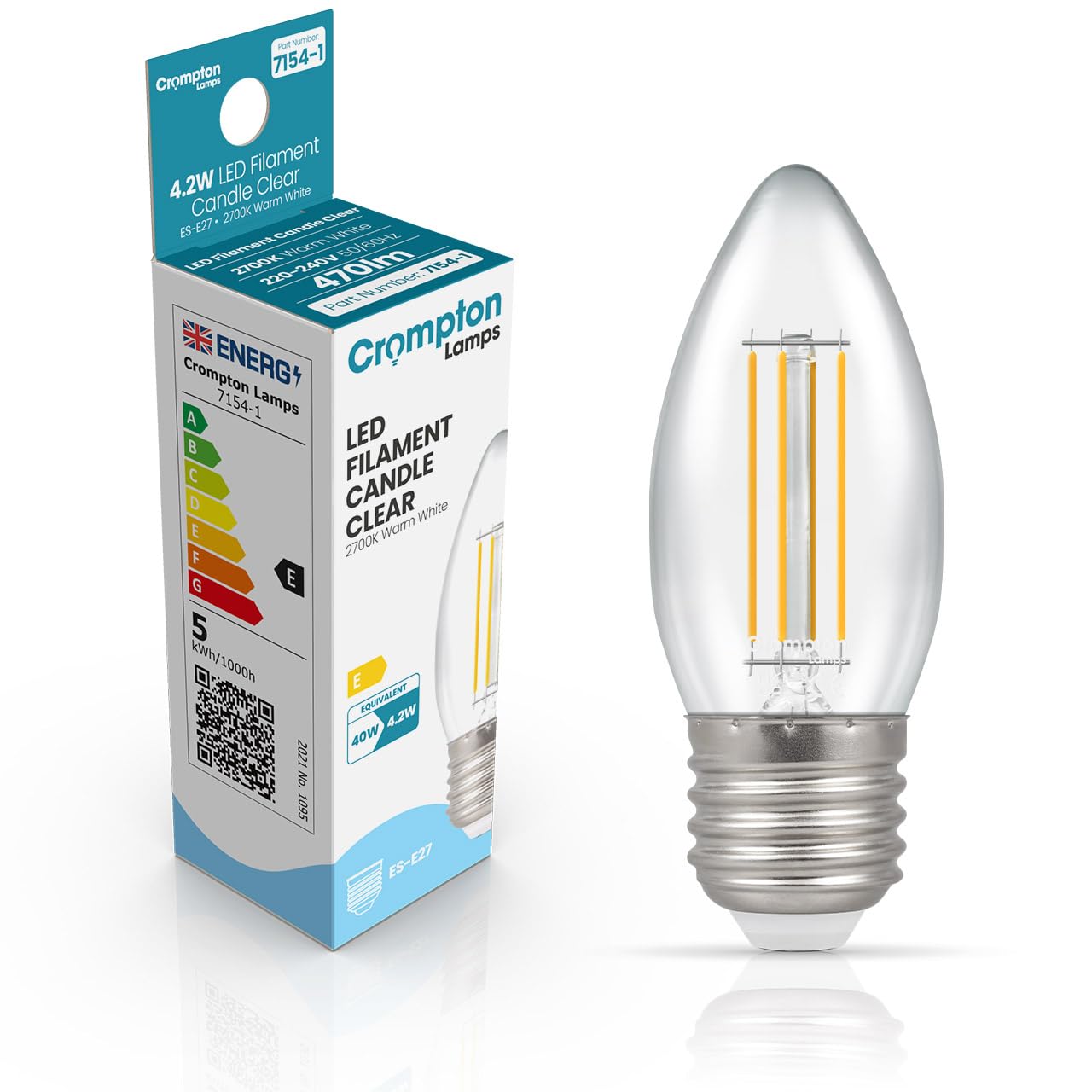 Crompton Lamps Filament Candle LED Light Bulb ES-E27 | 4.2W = 40W Equivalent | Warm White 2700K | Energy Efficient | Edison Screw Lightbulb | Long Life 10,000-Hrs | Clear Glass | Dimmable