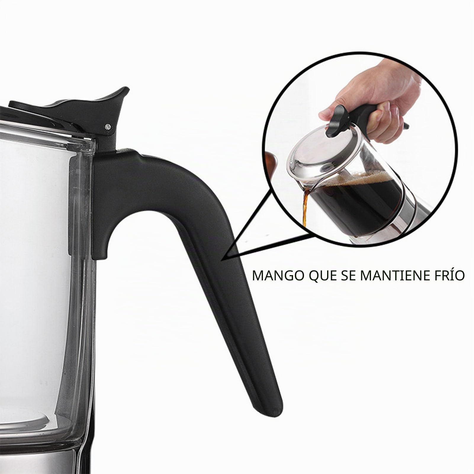 Olla Moka de Vidrio Borosilicato y Acero Inoxidable, Fácil de Usar, Segura y Saludable, para Inducción, Estufas, Sin BPA, Válvula de Seguridad Italiana (4 taza)