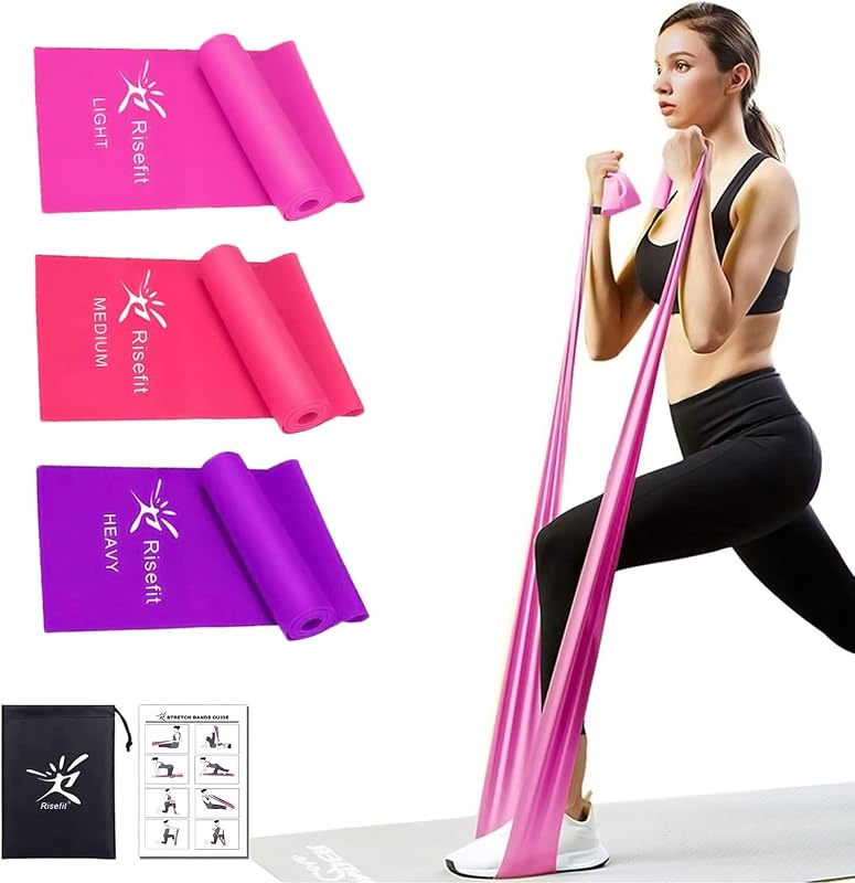 Juego de bandas de resistencia planas para terapia, bandas elásticas planas sin látex para estiramiento, flexibilidad, pilates, yoga, ballet, gimnasia, rehabilitación, entrenamiento, rosa, morado, azul (paquete de 3, 5 pies de largo)