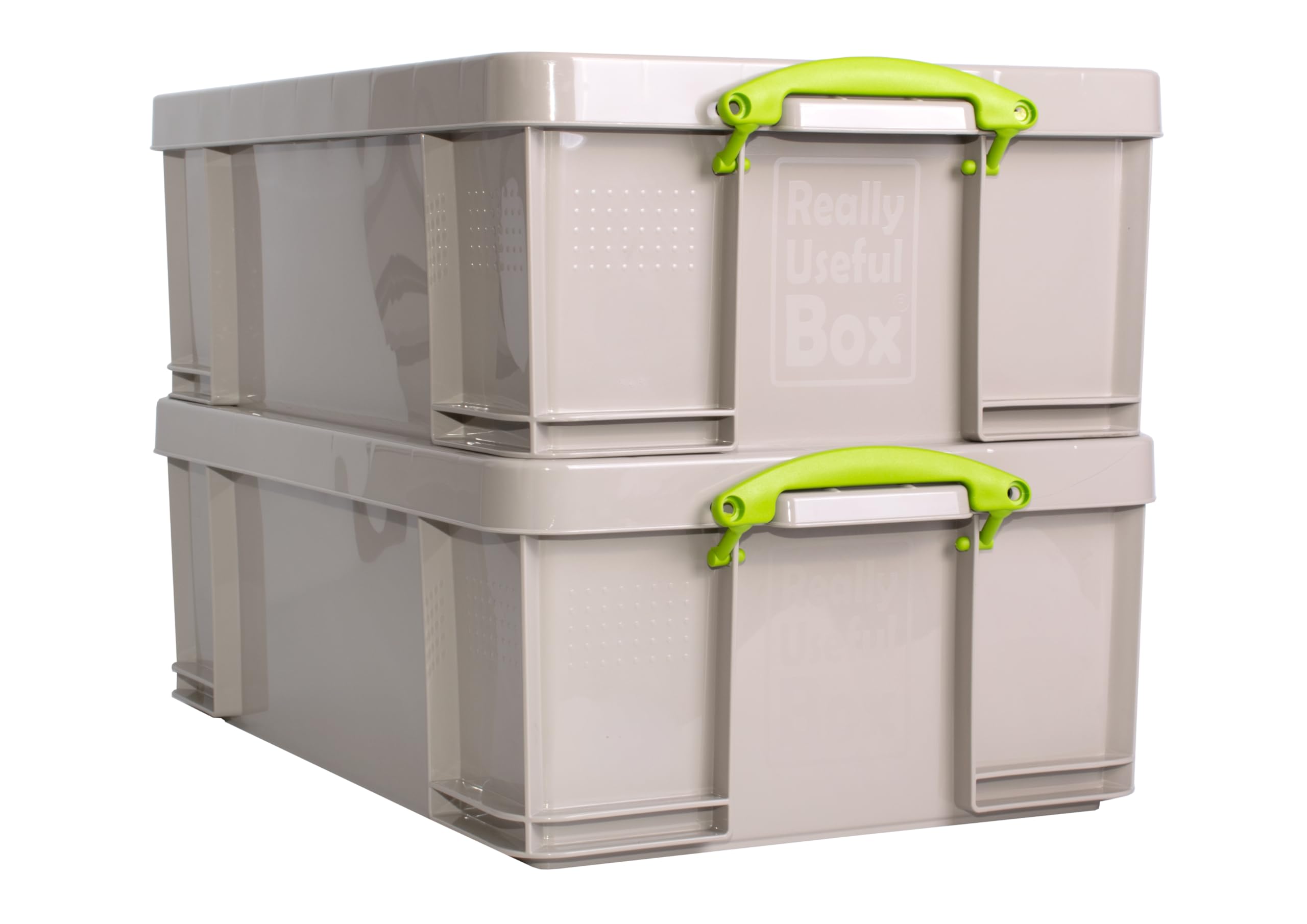 Really Useful Box Plastic Storage 50 Litre Recycled Dove Grey with Green Handles Pack of 2