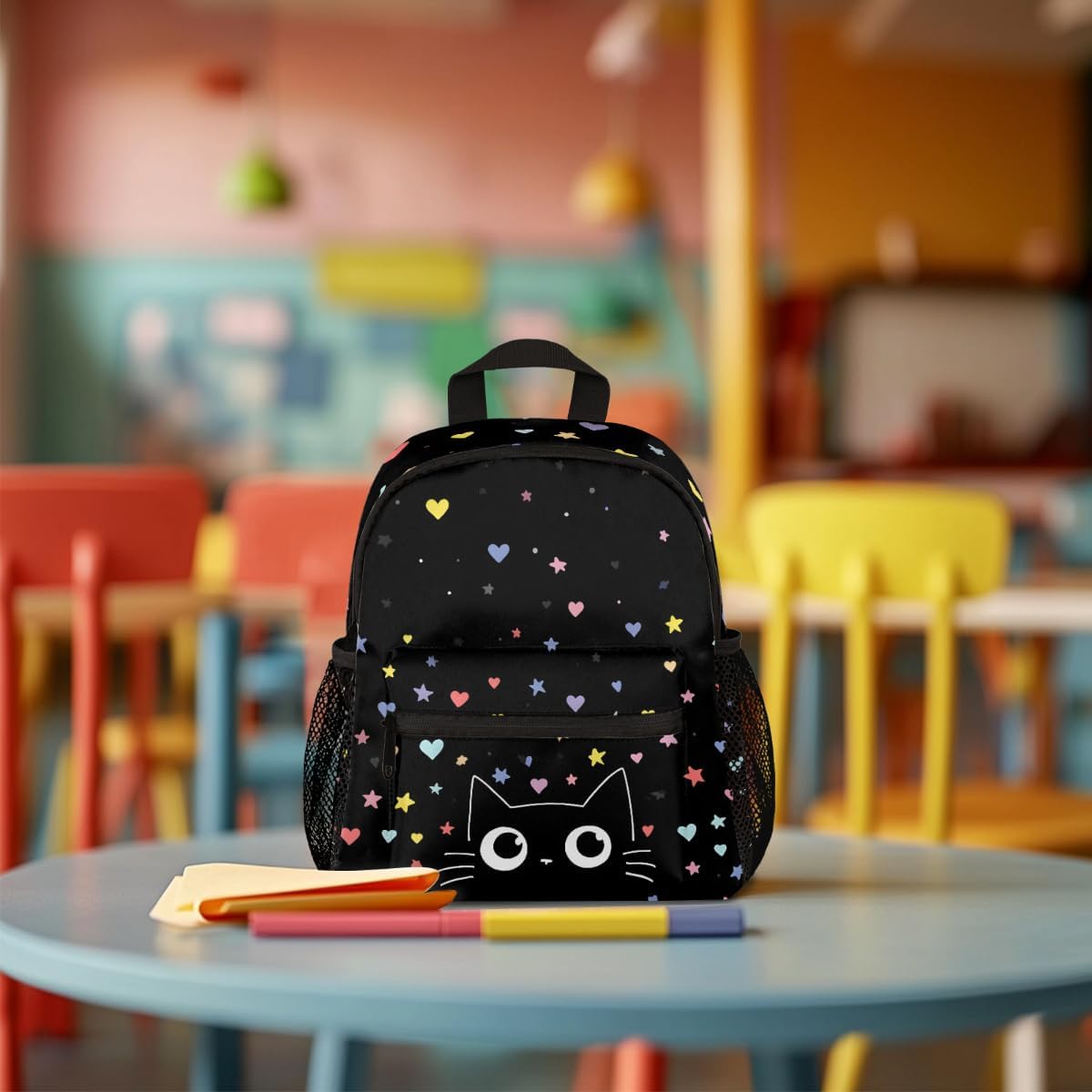 Cute Black Heart Cat Kids Backpacks for Boys Girls, Cute Toddler Backpack Preschool Kindergarten Elementary School Backpack Lightweight Mini Shoulder Bookbag Casual Daypack with Chest Strap,A-23
