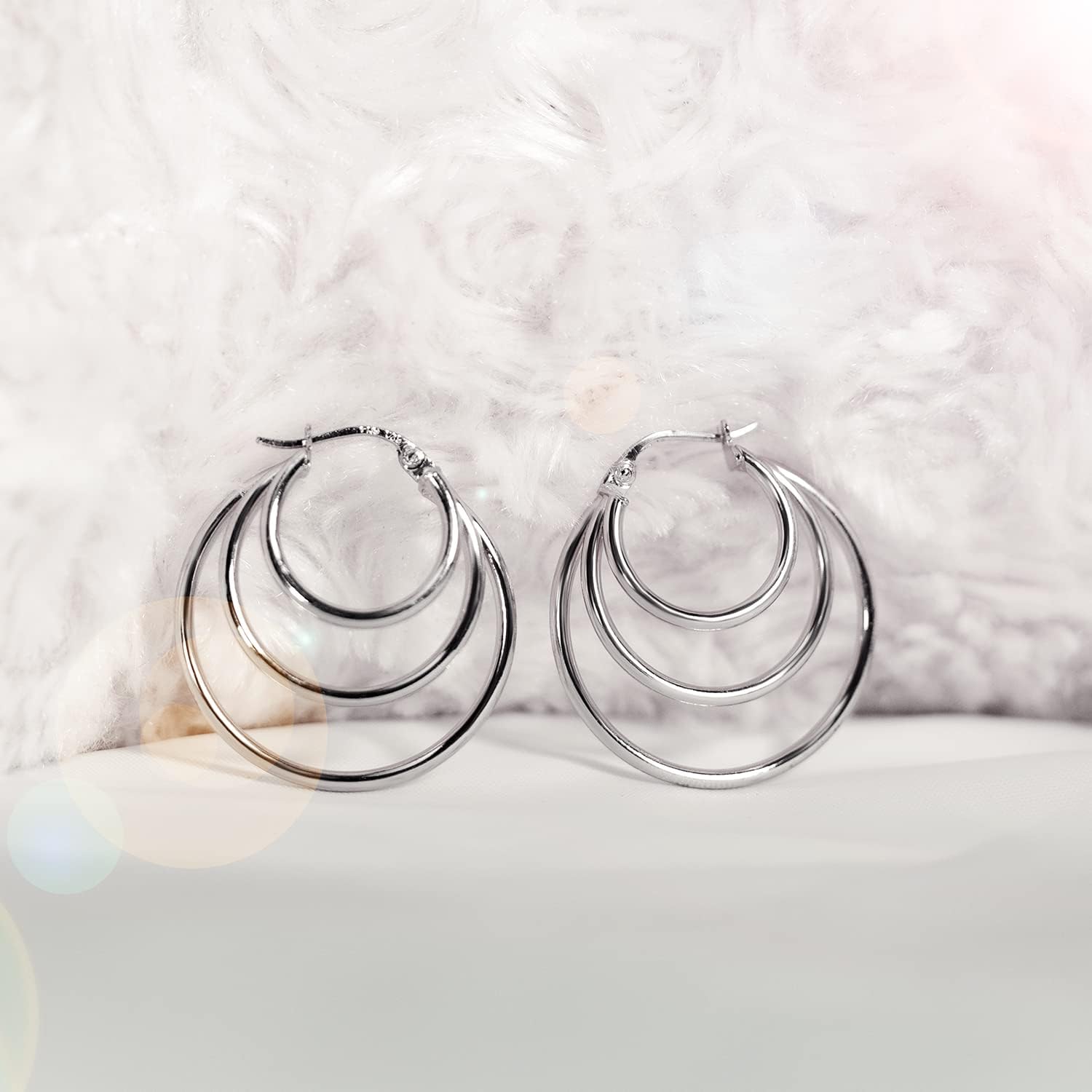 Sterling Silver Polished Finish Triple Circle Round-Tube Hoop Earrings for Women, 25mm Diameter. - Image 5