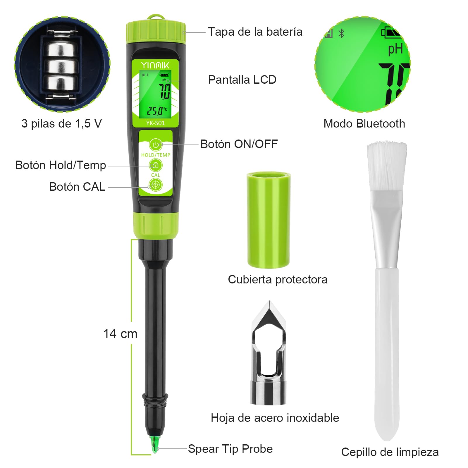 YINMIK Medidor de pH del Suelo Digital para Jardineros, Probador de pH de Suelo Plantas, Mide pH de Solución y Tierra para Macetas, Medidor de pH para Invernaderos, Jardines, Césped, Agricultura