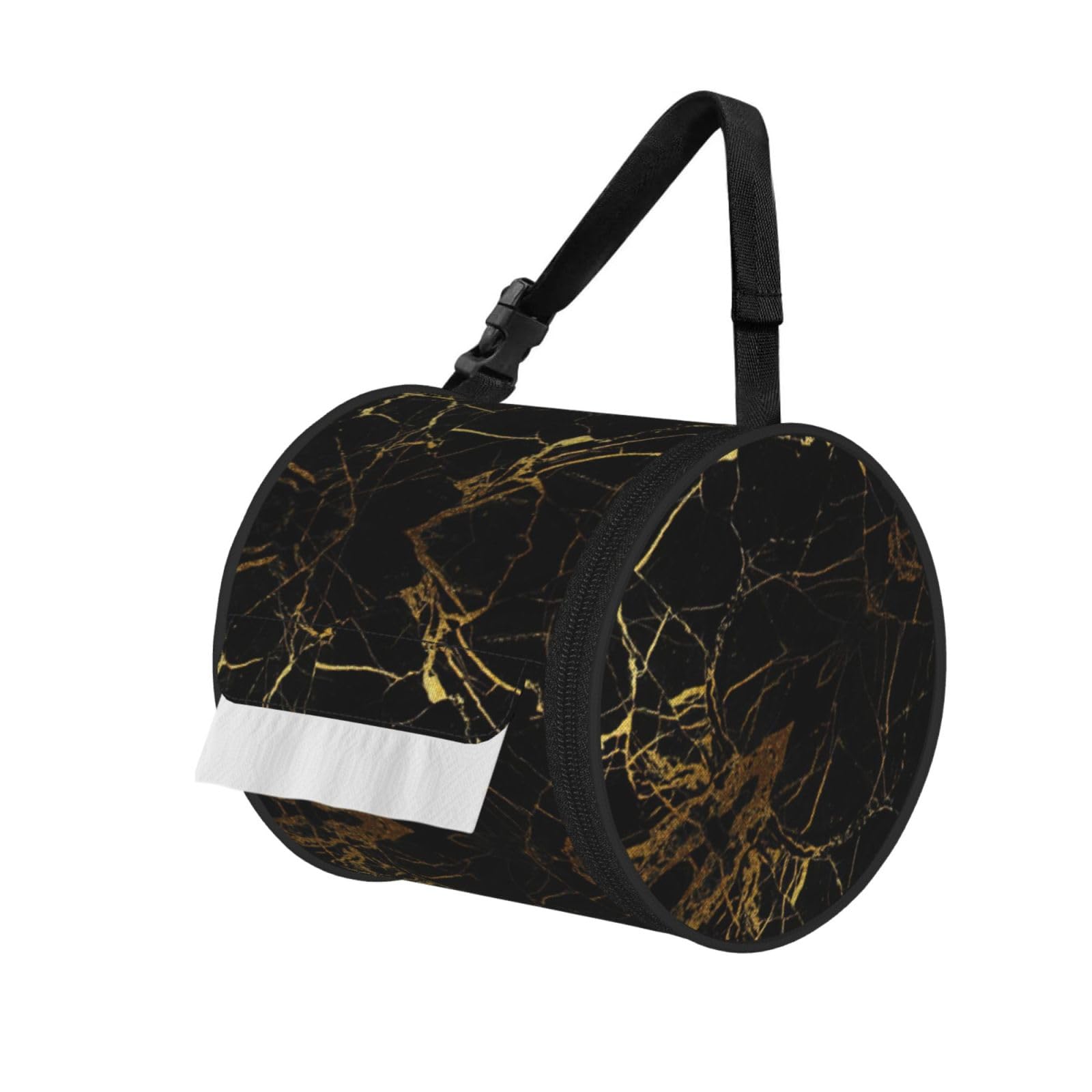 Black Gold Marble Print Round Paper Tissue Holder With Shoulder Strap, Portable Roll Case For Caravan Travel Use