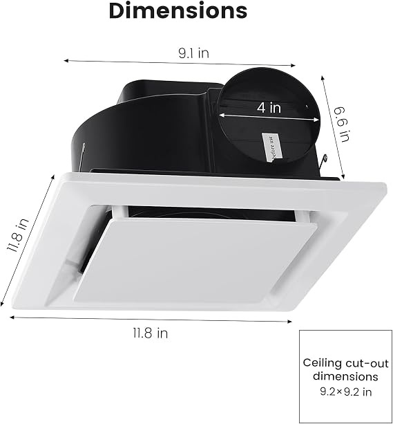 11.8 Bathroom Exhaust Fan for Ceiling Mount | 1.0 Sones Quiet Operation, 110CFM with 4 Duct Collar, 26W Low Consumption