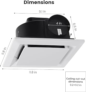 11.8 Bathroom Exhaust Fan for Ceiling Mount | 1.0 Sones Quiet Operation, 110CFM with 4 Duct Collar, 26W Low Consumption