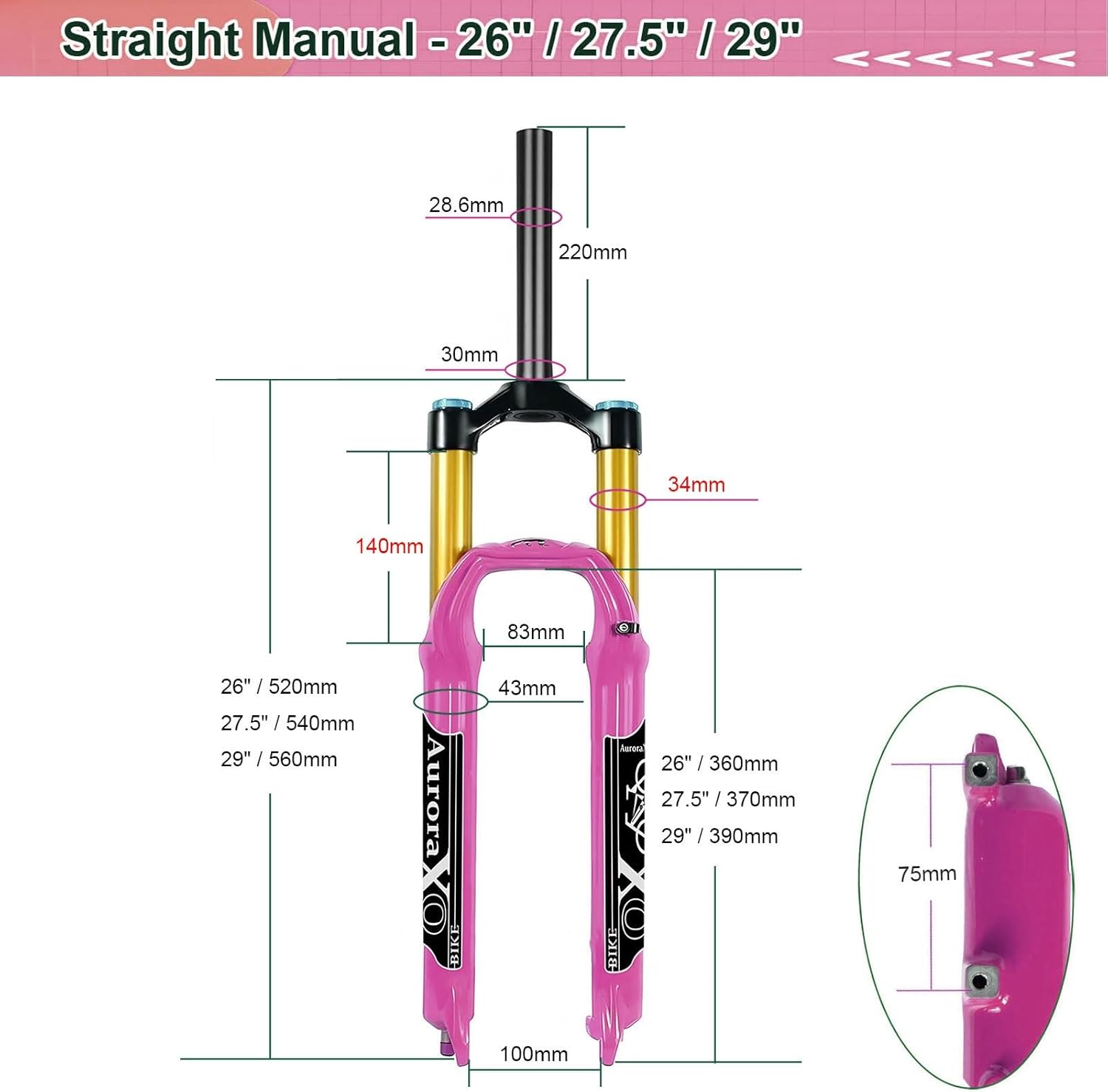 26 27.5 29 MTB トラベル 140mm、AIR-34 リバウンド調整 1-1/8インチ XC/AM マウンテンバイク フ