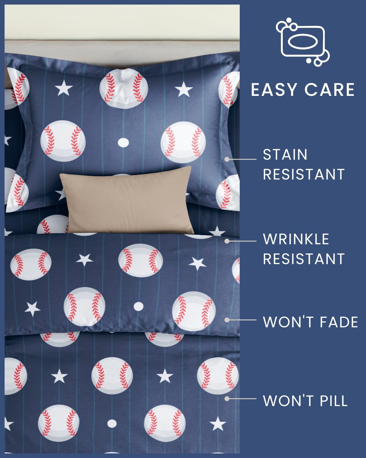 Kids Duvet Cover Set Twin/Twin XL Size - 2 Piece Baseball Duvet Cover Set & 1 Pillow Sham with Zipper Closure & Ties - Easy-Care & Fade Free - Soft, Cute & Cozy Bedding Set for Kids, Girls and Teens