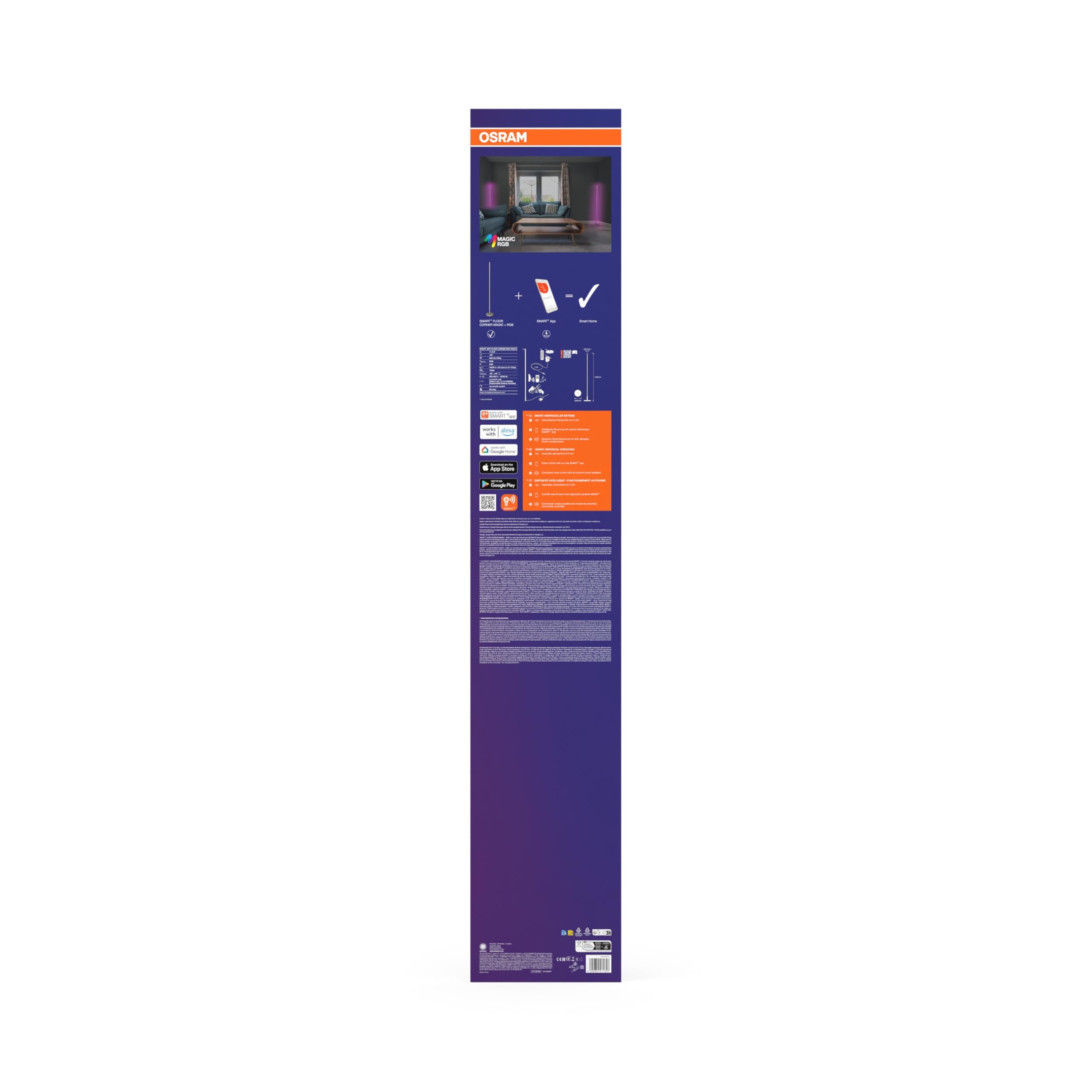 Osram Smarte LED-Eck-Stehleuchte, 7.5W, mit Magic RGB für diverse Farben und Lichteffekte, silber, mit Fernbedienung, IP20, LED nicht austauschbar, dimmbar