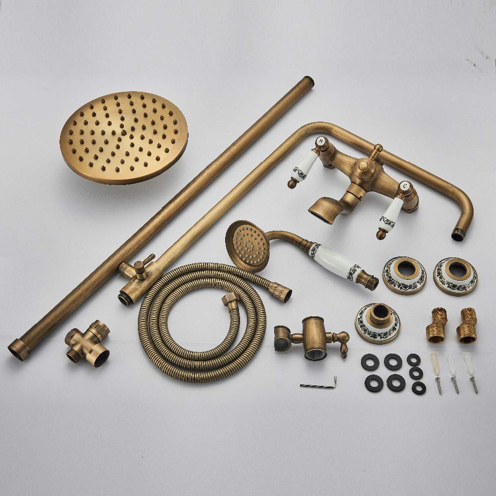 Set di rubinetti per Doccia di Lusso con Doppia Maniglia, 8 miscelatori per Bagno a Pioggia con doccetta in Colonna per Vasca da Bagno con Sistema a Parete, Rubinetto in Bronzo NER
