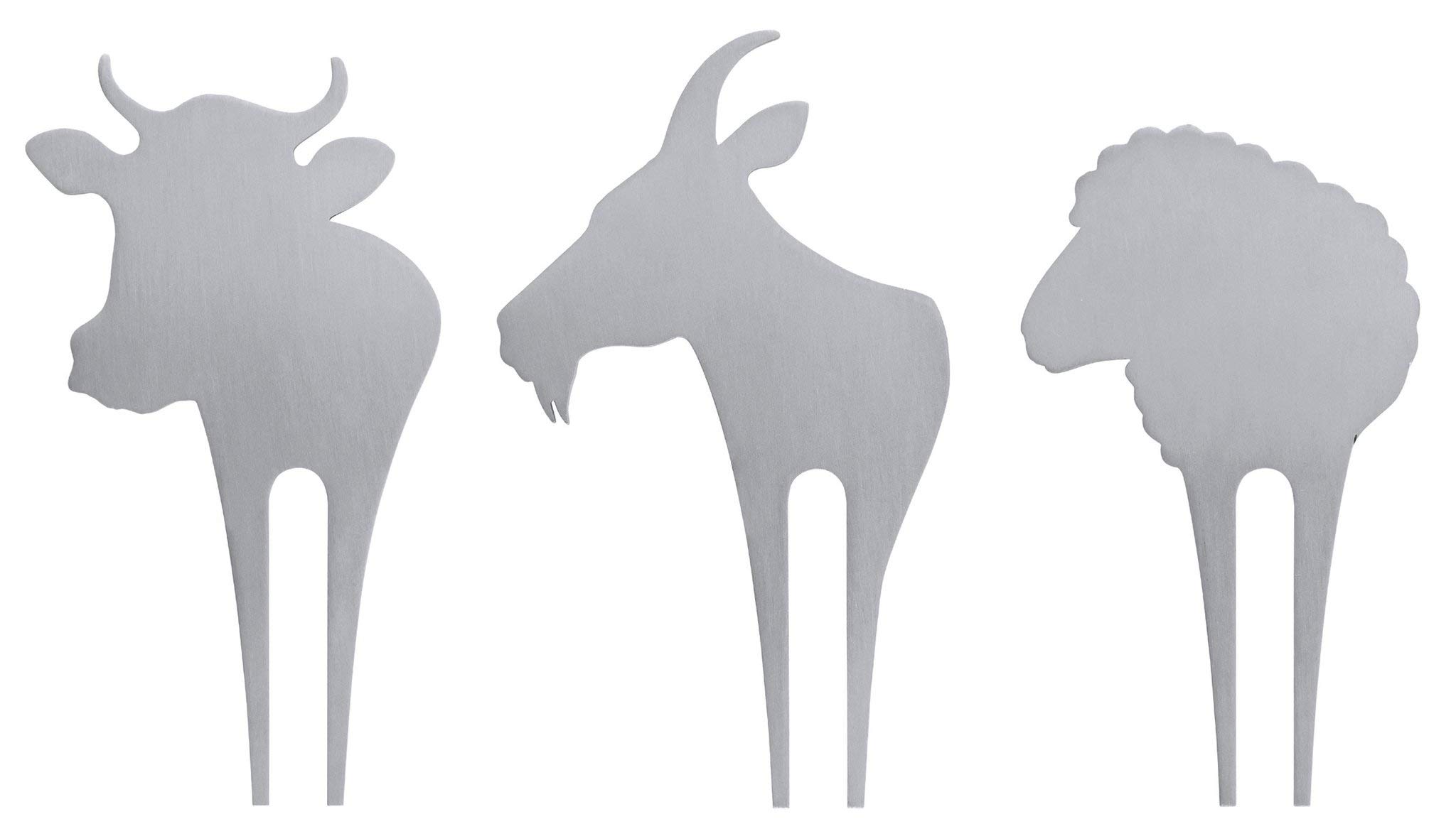 Swissmar CP120 Cow, Goat & Sheep Cheese Marker Set, 3 Pieces, Stainless Steel, Decorative Cheese Forks/Labels/Cheese Picks, Dishwasher Safe, Gift Set