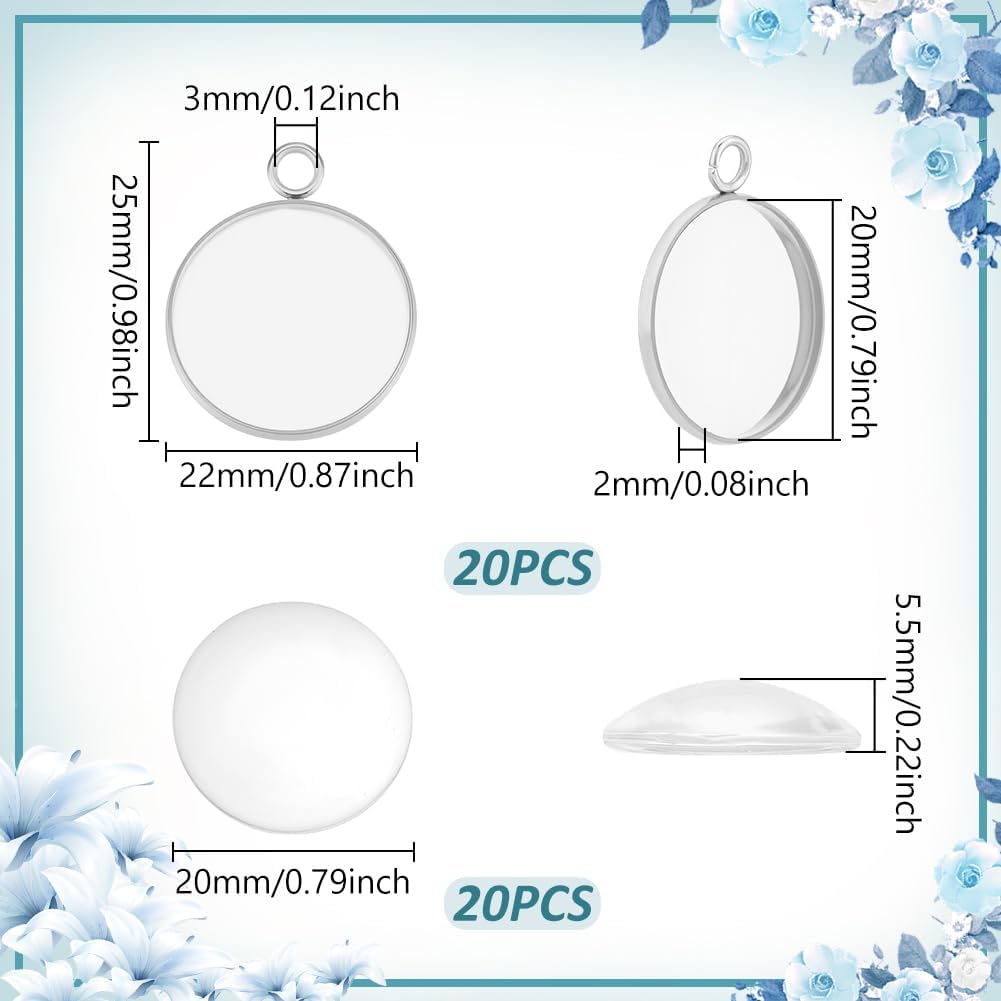 UNICRAFTALE 20 Sets 20mm Stainless Steel Pendant Cabochon Settings Flat Round Blank Bezel Pendant Trays Pendants Making Kits and Clear Glass Cabochon for Necklace Craft Jewelry Making DIY - Image 3