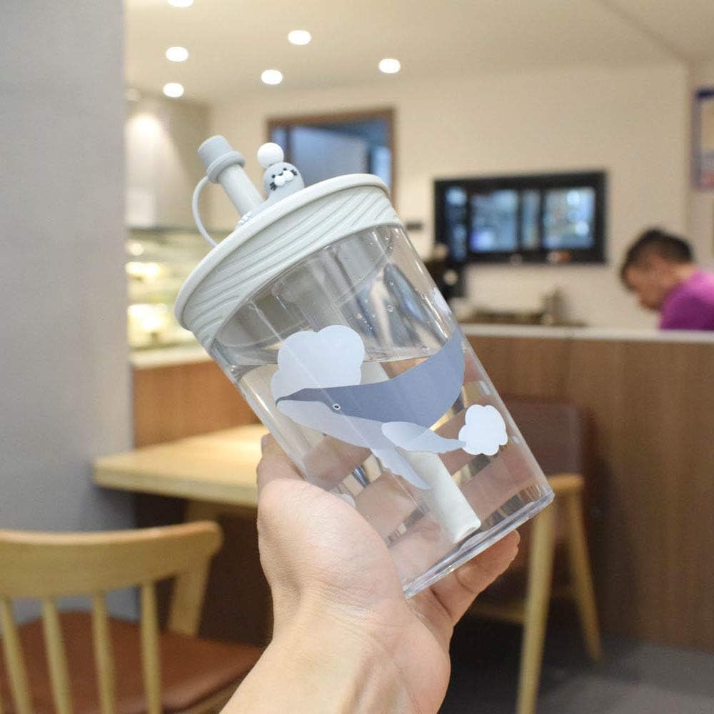 NC Botella de agua de plástico de 450 ml con paja, diseño de pingüino, delfín, botella de paja portátil, taza creativa