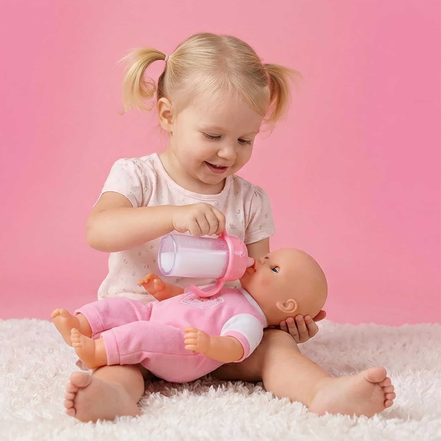 Baby Doll Feeding Set - Toddler Role Play Toys with 2 Milk Bottles, Juice Bottle & Pacifier in Transparent Portable Pouch, Realistic Liquid Drop Design for Girls 3 Year Old (C)
