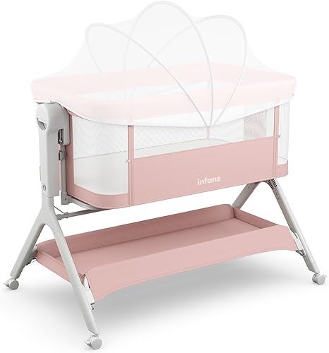 INFANS Cuna de bebé 5 en 1, cama mecedora mejorada con ruedas, cesta de almacenamiento, bolsa de viaje, mosquitera, altura ajustable, cuna portátil