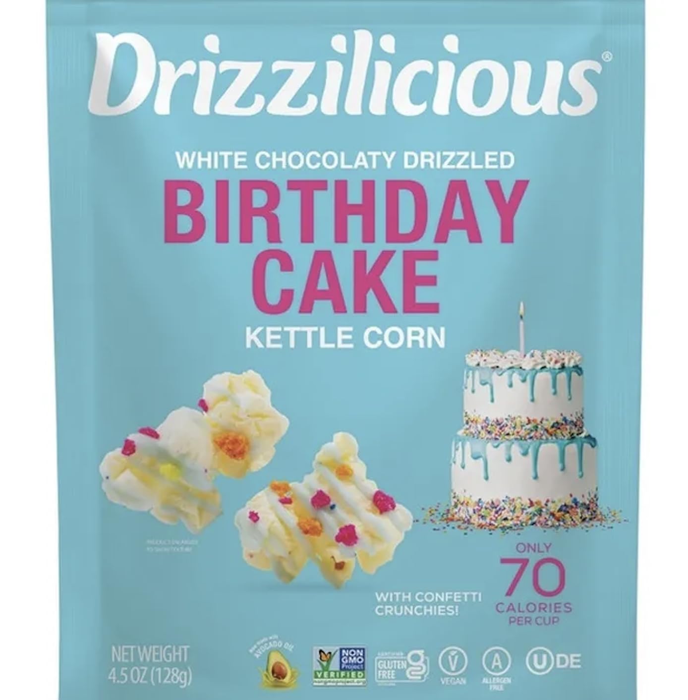 Drizzili-cious Birthday Cake White Chocolaty Drizzled Kettle Corn, Crunchy Snack with Confetti Crunches 4.5 oz (2 Pack)
