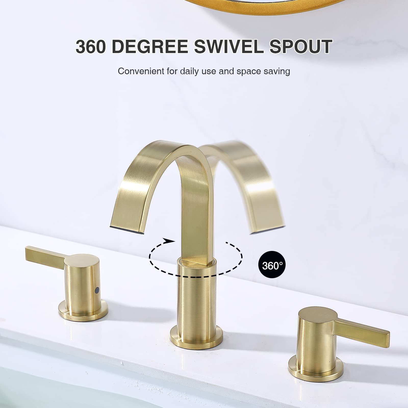 TimeArrow TAF830Y-PB Robinet D'évier De Salle De Bain Large De 20,3 Cm à 3 Trous Avec Drain Pop-up à 2 Poignées Robinet Moderne Pour Salle De Bain/coiffeuse/toilettes Avec Bec Pivotant à 360