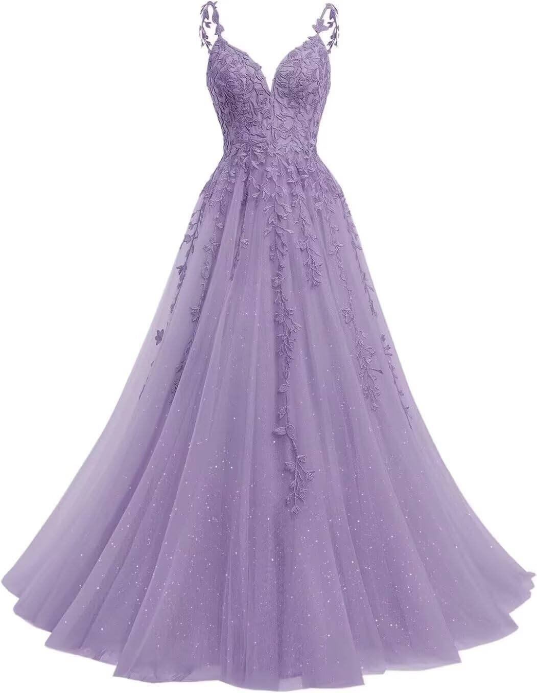 KIYNE Vestido de fiesta formal con tirantes delgados, cuello en V, tul y apliques de encaje con purpurina, vestido de fiesta formal, vestido de baile