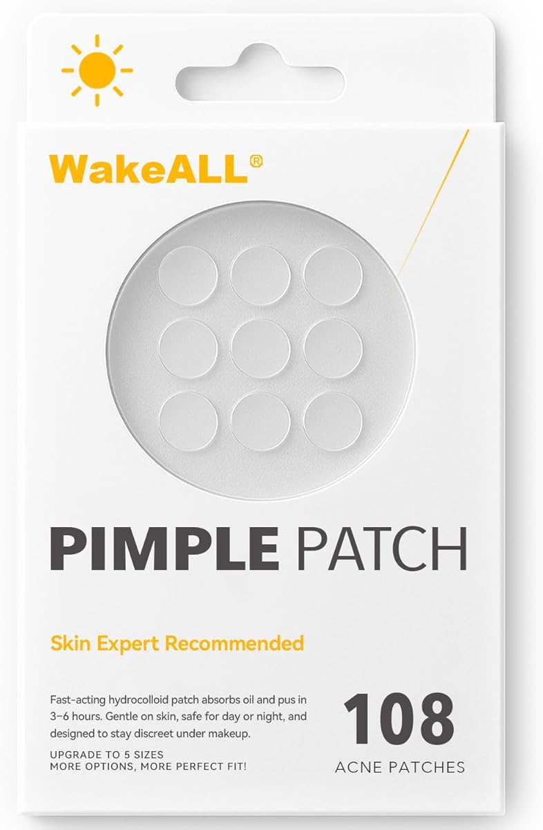 WakeALL Hydrocolloid Patches for Face, 5 Sizes (8/10/12/14/16mm) - Invisible Round Blemish Patches, Fluid-Absorbing Spot Stickers for Precise Fit, Individually Wrapped, Travel-Friendly 108 Count Box