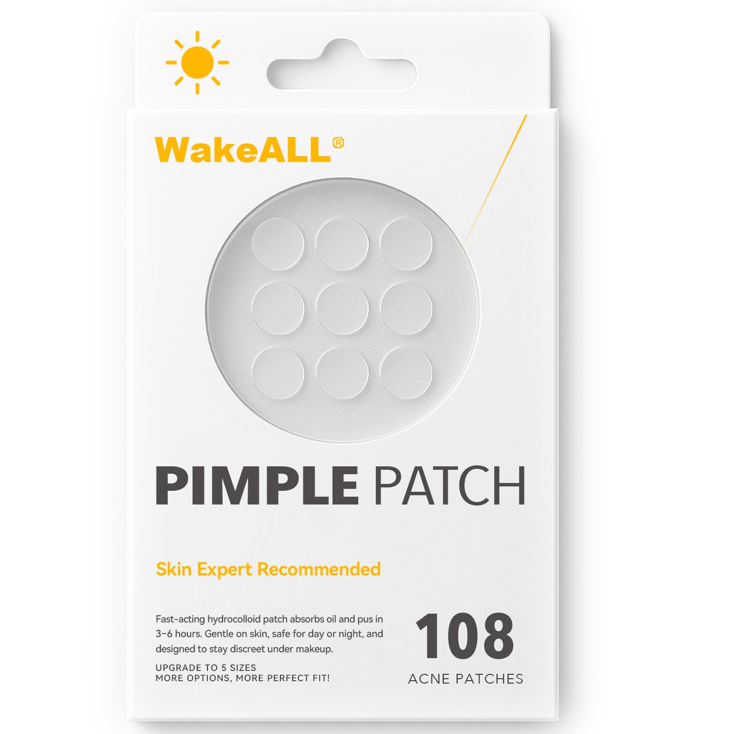 WakeALL Hydrocolloid Patches for Face, 5 Sizes (8/10/12/14/16mm) - Invisible Round Blemish Patches, Fluid-Absorbing Spot Stickers for Precise Fit, Individually Wrapped, Travel-Friendly 108 Count Box