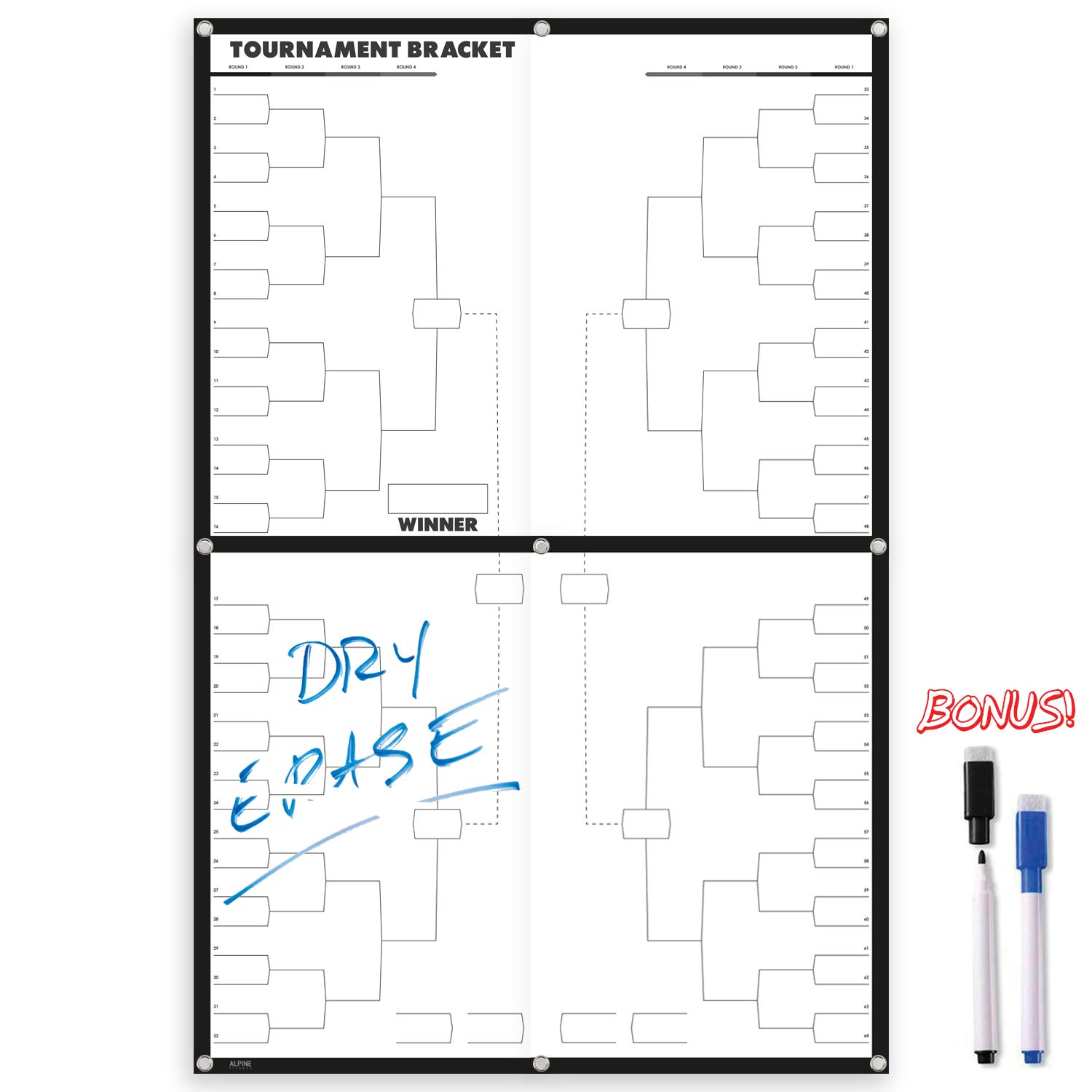 Reusable March Madness Bracket Poster 64 Player Dry Erase Board