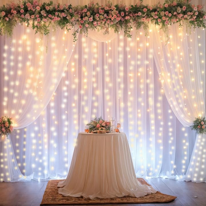 6 Panels White Sheer Tulle Backdrop Curtains with Lights String for Party Wedding Wrinkle Free Curtain Backdrops Drapes for Baby Shower Birthday Photo
