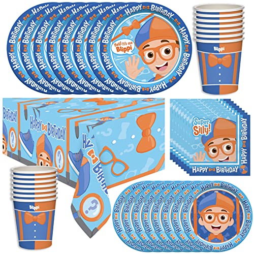 Treasures Gifted Officially Licensed Blippi Birthday Party Supplies - Serves 16 Guests - Dinnerware Deluxe Set Blippi Party Supplies - Tablecloth Plates Cups & Napkins