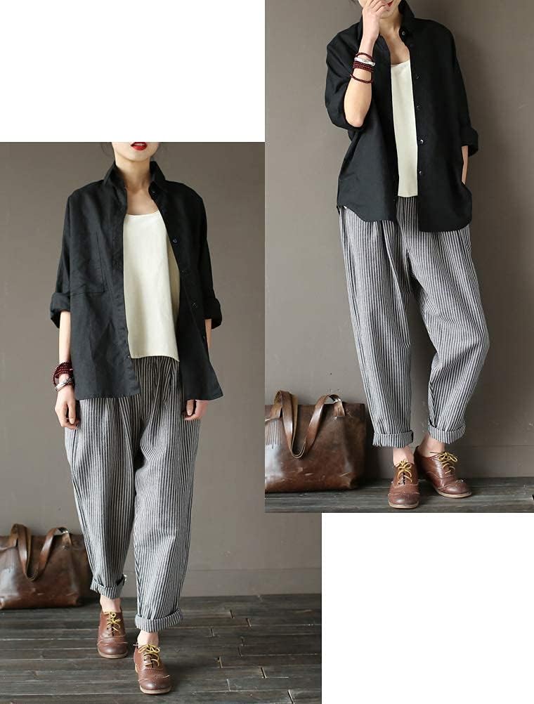 Minibee Women's Wide Leg Harem Pants Cotton Linen Striped Casual Palazzo Pants with Pockets - Image 4