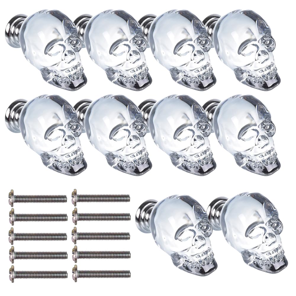 Set di 10 pomelli decorativi per cassetti con teschio di cristallo, tooloflife, maniglie per mobili per comò, cassetti, armadietti, cristallo artificiale, lega di alluminio, Acciaio Inox