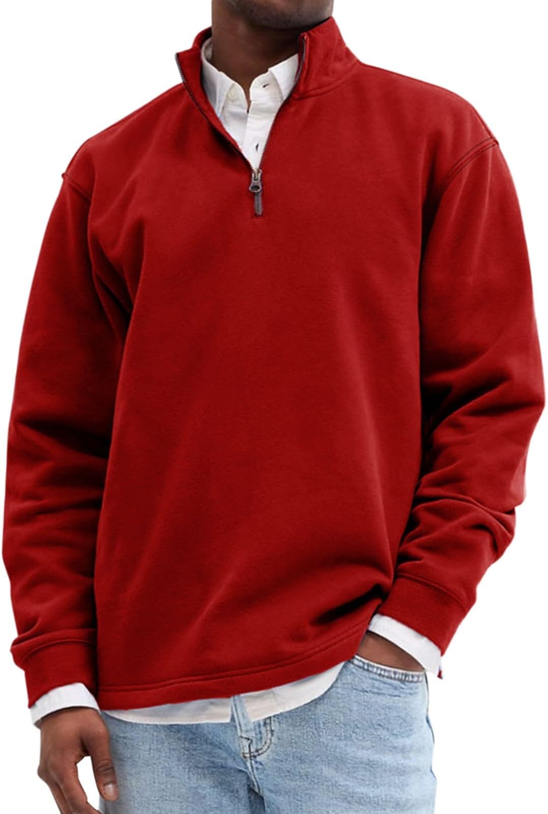 Collared Sweatshirts for Men Classic Plain Quarter Zip Pullover Long Sleeve Outdoor Casual Trendy V Neck Spring Tops