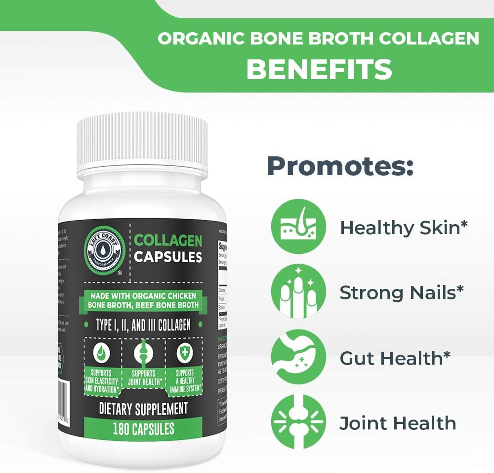 Left Coast Performance Collagen Capsules Supplement from Organic Collagen, 180 Count Collagen Caps from Organic Grass Fed Bovine & Organic Chicken Bone Broth. Collagen 1 2 3 Capsules
