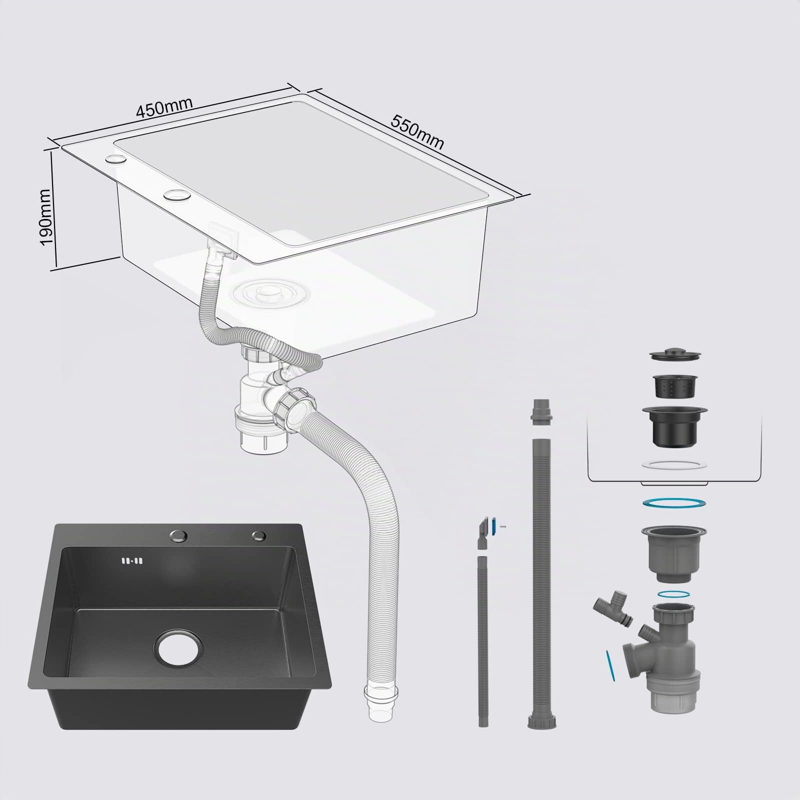 Ibergrif M85545B Évier de Cuisine 1 Bac en 55x45 cm, Acier Inoxydable avec Filtre de Vidange, Montage à Poser, Trous pour Robinets et Distributeurs de Savon, Noir