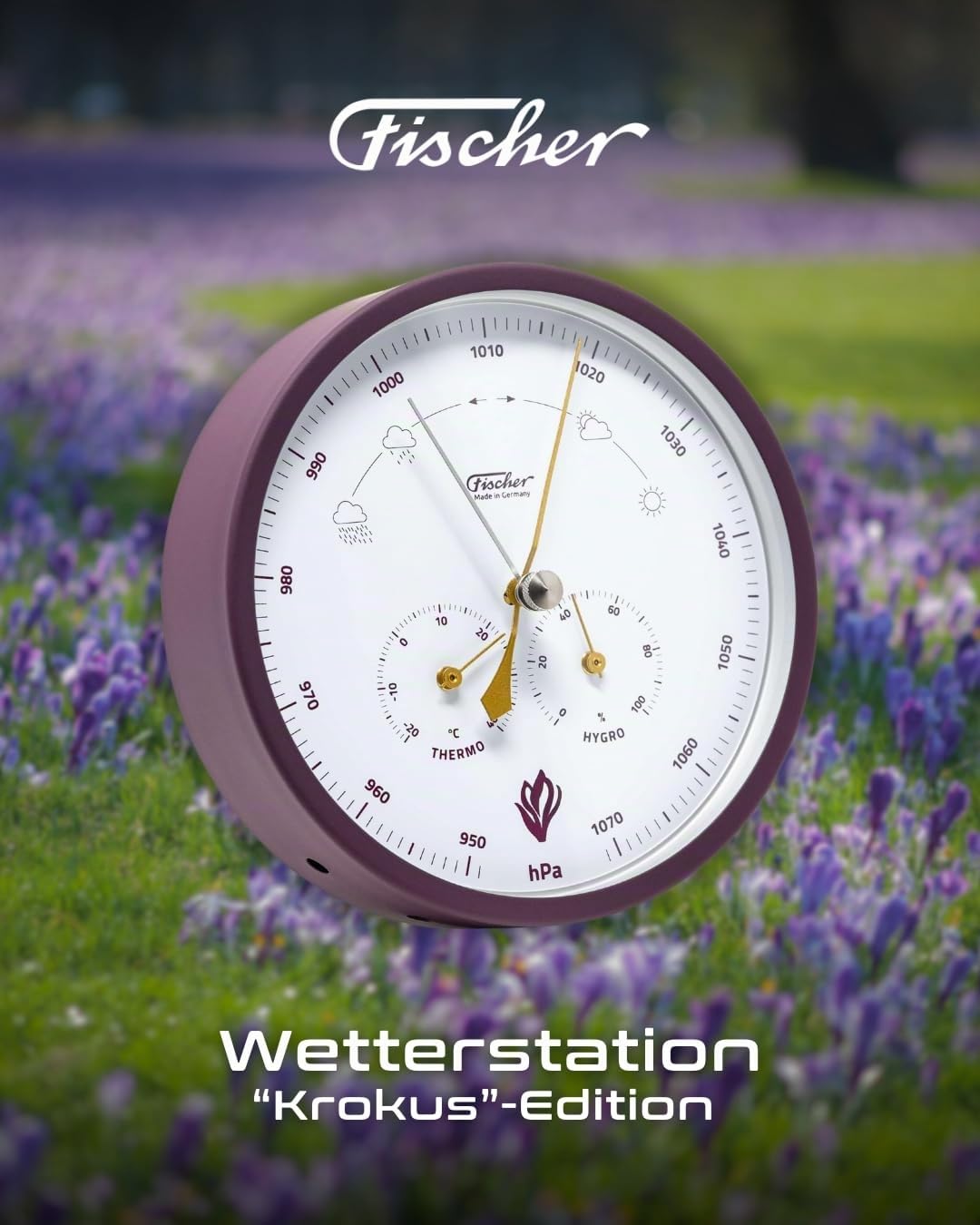 Fischer 1602-24, Wetterstation, Glas, Edelstahl, Messstation | Barometer mit Thermometer und Hygrometer, Krokus-Edition Violet, Gold, Messbereich 20-100 % r. F., Genauigkeit ± 5 % r. F.