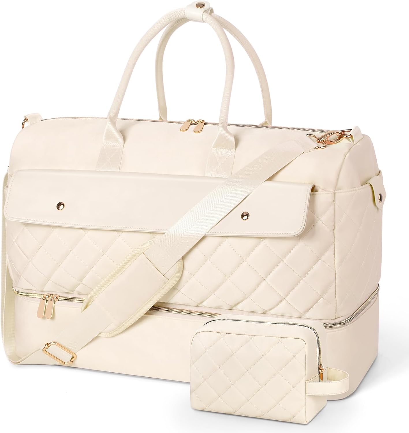 Wedama Travel Duffel Bag, Large Weekender Bag for Women with Shoe Compartment, Carry on Overnight Bag with Toiletry Makeup Bag, Gym Duffel Bag Travel Tote Bag for Travel Gym Camping Hospital, Beige