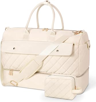 Wedama Travel Duffel Bag, Large Weekender Bag for Women with Shoe Compartment, Carry on Overnight Bag with Toiletry Makeup Bag, Gym Duffel Bag Travel Tote Bag for Travel Gym Camping Hospital, Beige