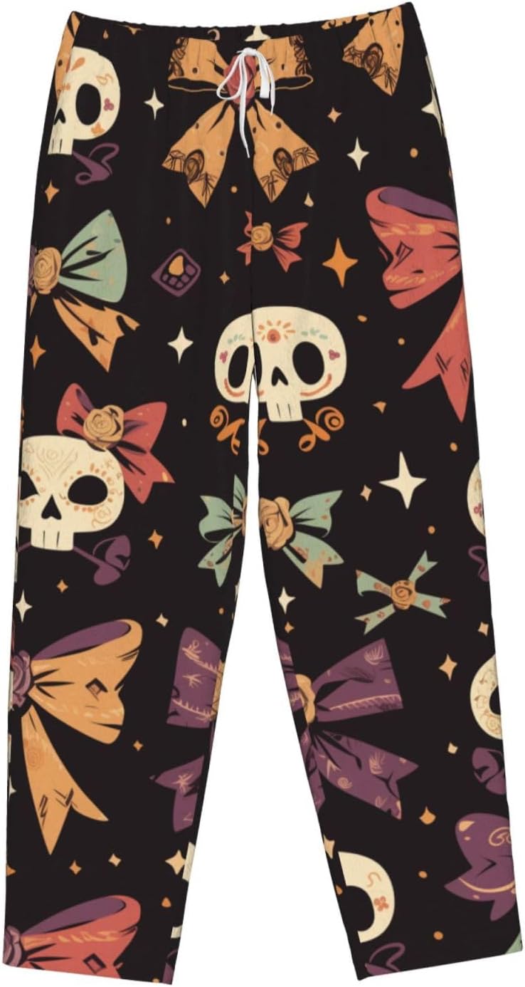 Women'S Cute-Skull-Bow Fleece Pajama Pants, Cozy Flannel Lounge Bottoms For Women