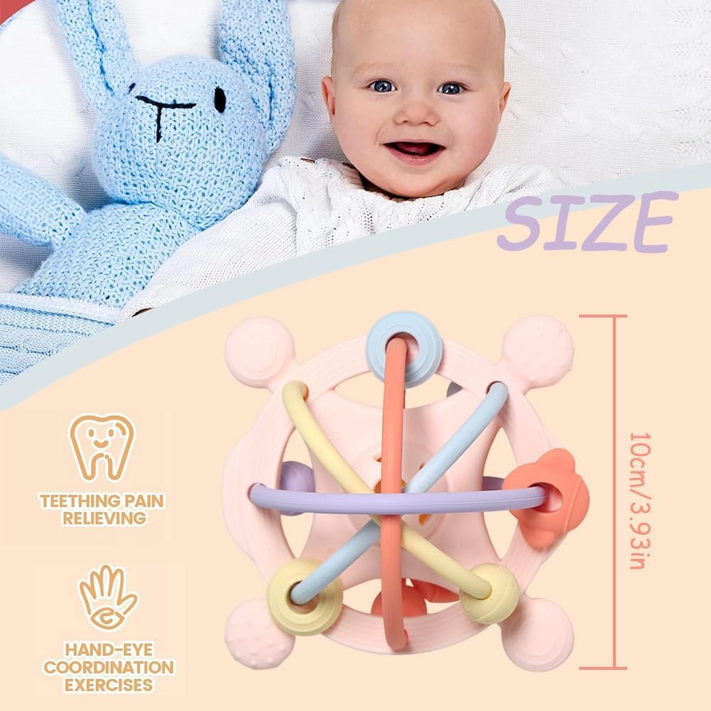 Juguete Mordedor Pelota Bebé, Juguetes Sensoriales para La Dentición Juguete de Denticion Sonajero para Bebe Juguetes Educativo Temprano Montessori para Bebés de 3 a 18 Meses(Rosa)