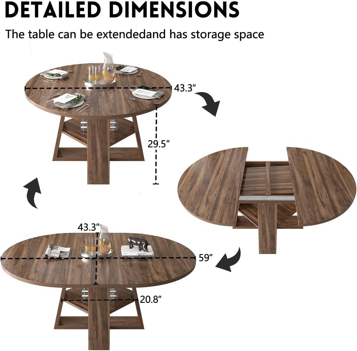 Ausziehbar Runder Esstisch, Esszimmertisch mit Ablage, platzsparender Küchentisch Walnuss Runder Tisch, 110-150 cm, ausziehbar zu oval, für 4-6Personen (Stil 1)