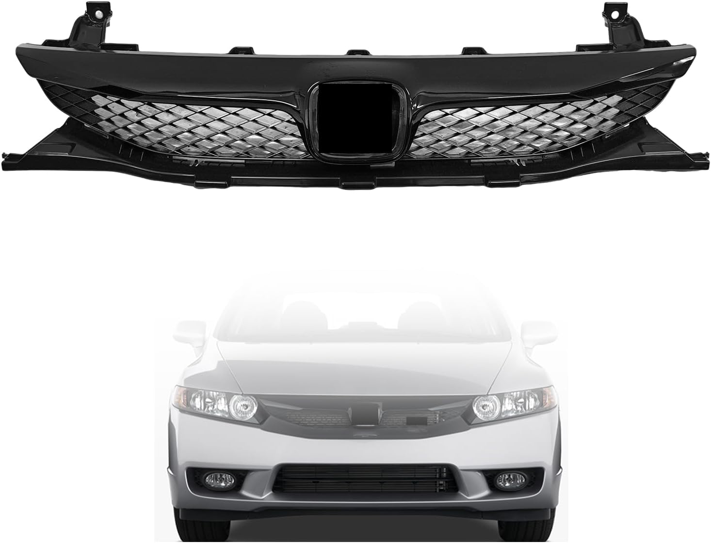 Front Upper Grille for Honda Civic 2009 2010 2011 Sedan; Black Trim Mesh Grill Assembly - Replaces 71121SNAA50 71122-SNA-A50 HO1200213