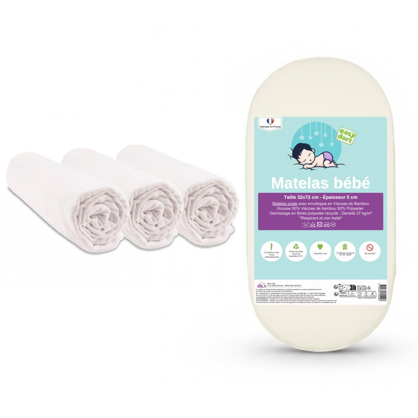 Easy Dort Materac 32 x 72 łóżeczko dziecięce z 3 prześcieradłami z bawełny organicznej | Kompletny zestaw do łóżeczka dziecięcego | Certyfikat GOTS & Oeko-Tex | Wyprodukowano we Francji i UE