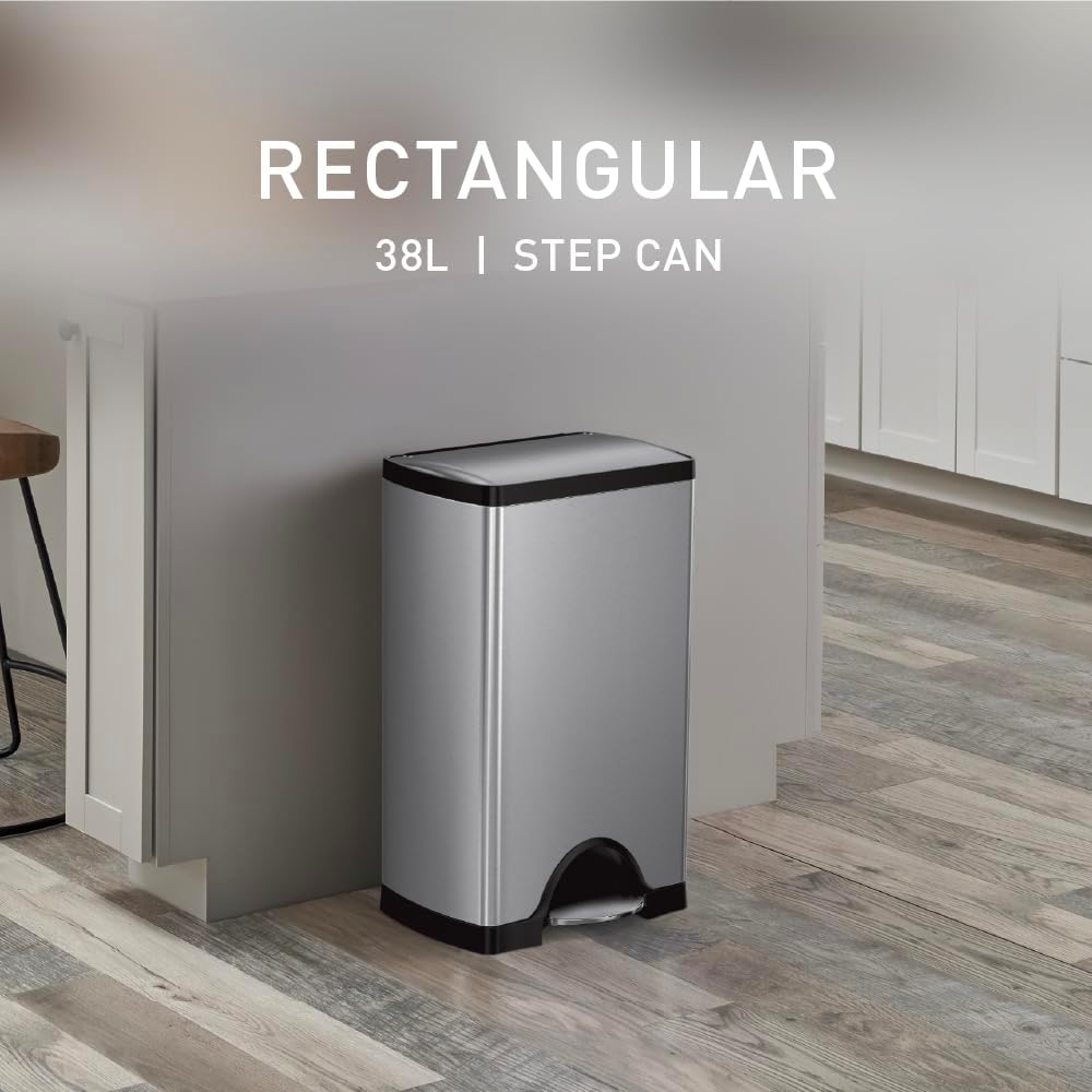 simplehuman 38 liter / 10 gallon rectangular kitchen step trash can, brushed stainless steel 38 liter trash can