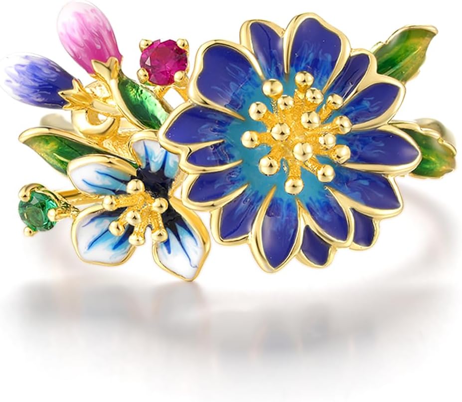 Santuzza 925 Sterling Silver Enamel Flower Ring for Women